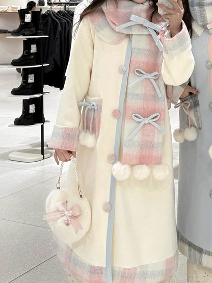 Sweet Plaid with Pom-Pom Scarf Set and + Coat Creamy Winter Lolita Accents White Bow