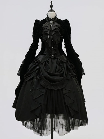 Drawstring Lolita Layered Waist Design Gothic Skirt Elastic and with Black