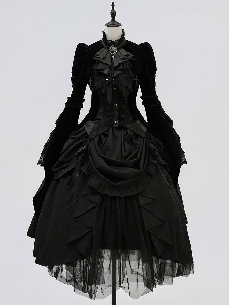 Collar Curved Lolita Sleeves Gothic with and Flounced Coat Black