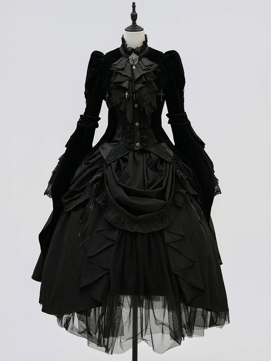 Collar Curved Lolita Sleeves Gothic with and Flounced Coat Black