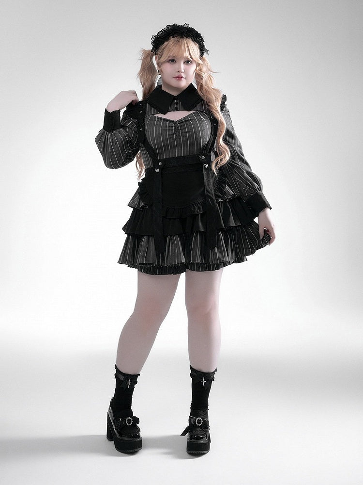 Black Gray Jirai Kei Striped Collared Tiered Ruffle Dress Set - Fluffy Heart