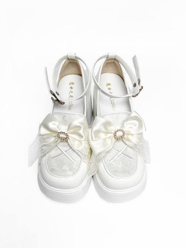 Herz-Plattform Perlen Jirai mit - Vamp Bow Kei White Heels Hohe Schnalle Block Matching