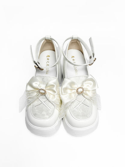 Herz-Plattform Perlen Jirai mit - Vamp Bow Kei White Heels Hohe Schnalle Block Matching