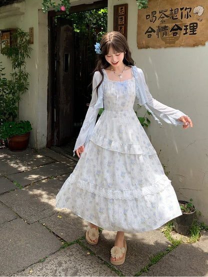 Besatz Hellblaue Schleife Manschettendetails Offene Knopfleiste Chiffon Cardigan Rüsche