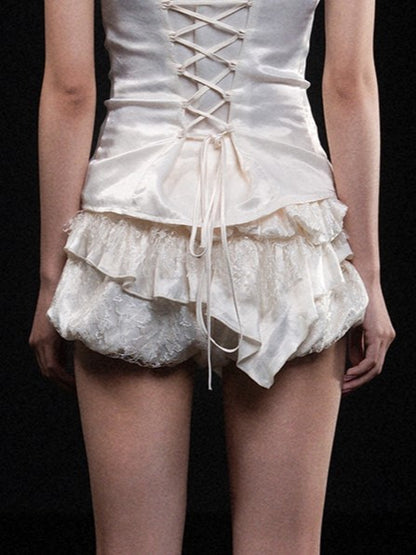 Skirt Apricot Satin Lace with Gothic Embroidered Hem Floral Handkerchief Bubble Tiered Low-Waist