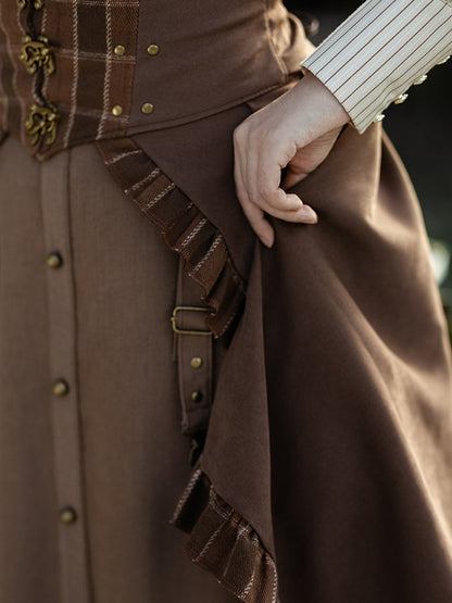 Schleppe Saum Braun Rüschen Plaid Dunkel Muster Steampunk