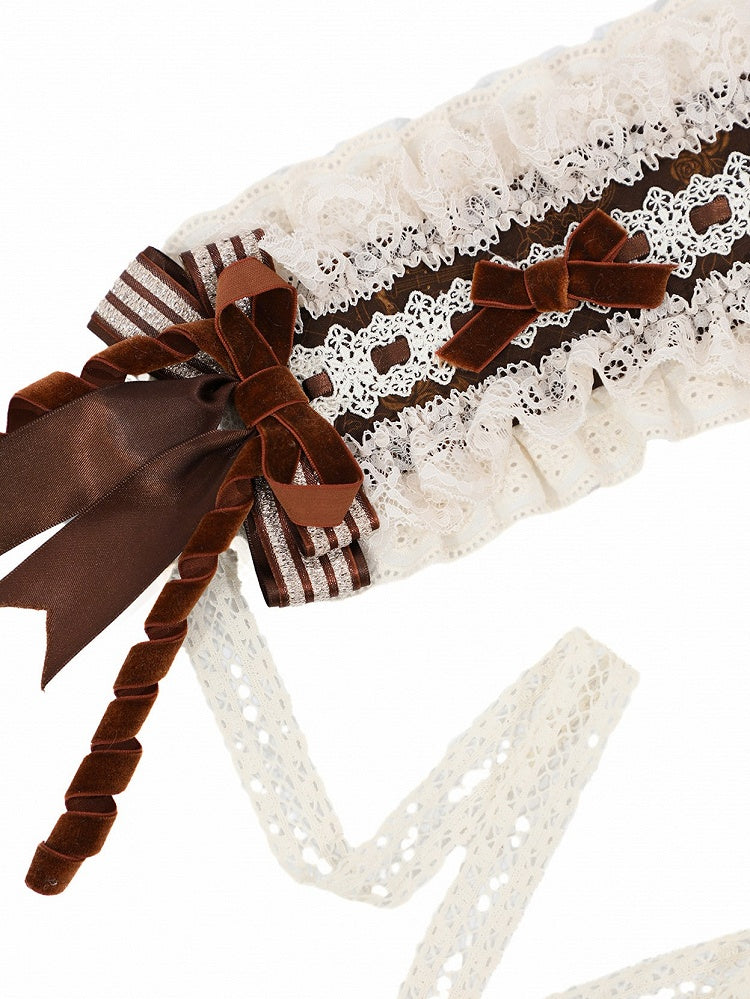 Dark Brown Hairband with Bow & Lace Trim - Twin Bear Original Design