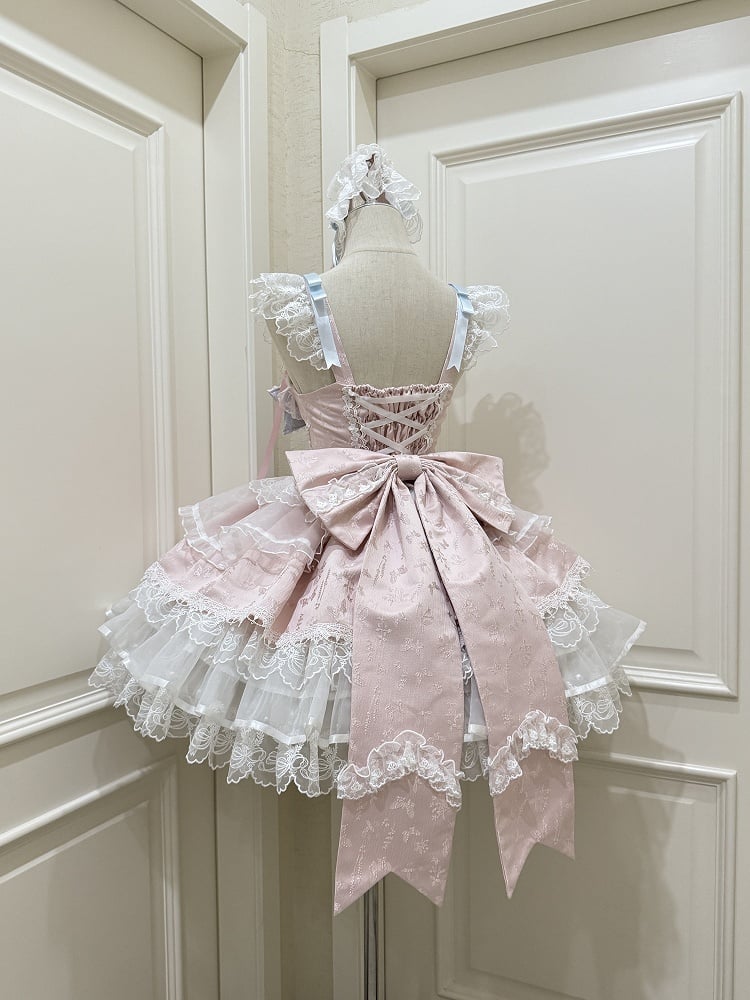 JSK Train / Details Lolita Embossed Dress Pink Only Bow Lace Jacquard Ruffled Princess + with Cute