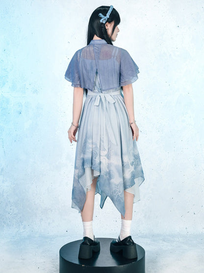 Blue Chiffon Cami Dress with Deer Print & Asymmetric Hem - Quirky Hut