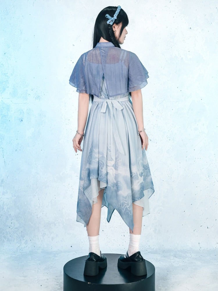 Blue Flutter Sleeve Cropped Top with Frog Button Detail - Quirky Hut