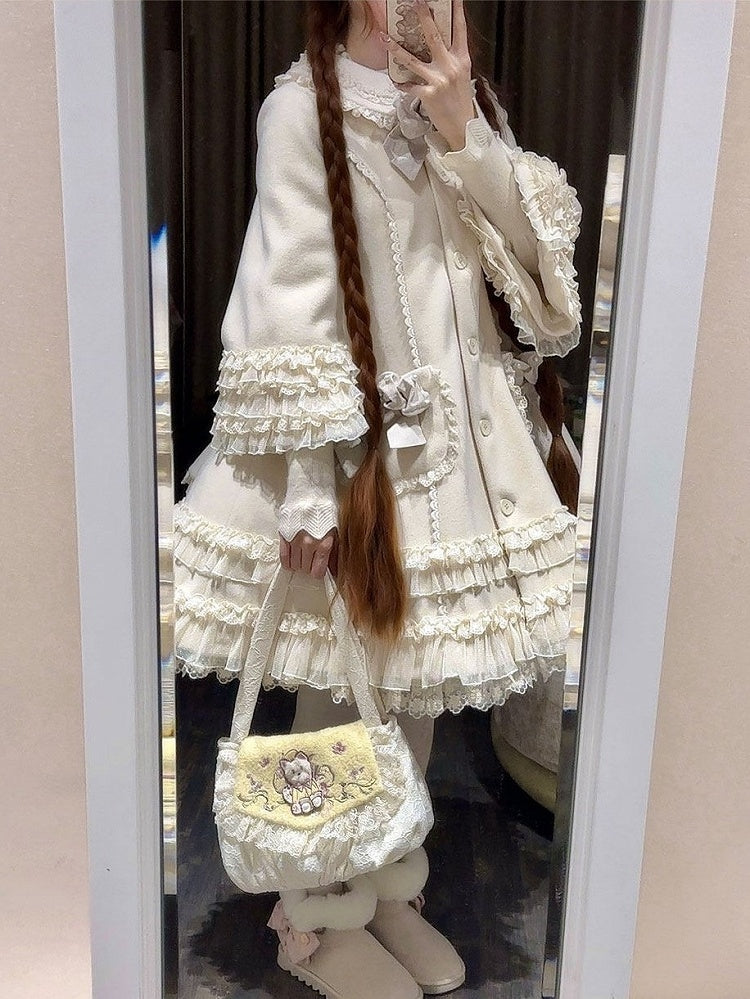 Ruffled Accents Lace Bow Details Sweet and Winter Lolita Coat Beige with