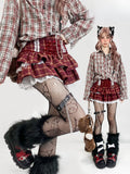 Red Plaid Print Lace Trim Tiered Skirt