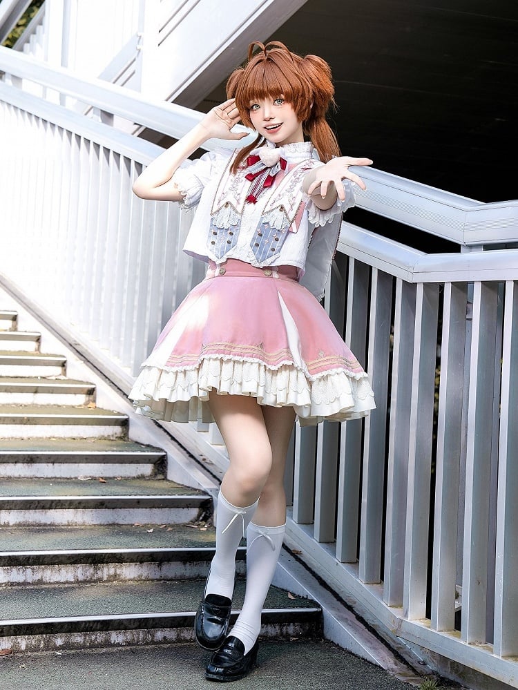 Leg Lolita Warmers Pink + Blouse Set Collar Skirt Ruffled Detachable