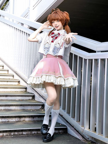 Leg Lolita Warmers Pink + Blouse Set Collar Skirt Ruffled Detachable