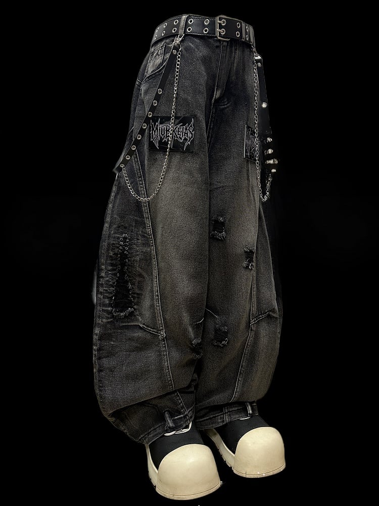 レタージーンズ 穴あきディテールカット ダークディストレストグレーアップリケ ワイドレッグ