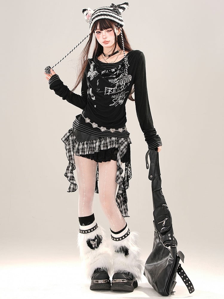 Aprikose/Schwarzes zweiteiliges, gestreiftes Langarm-Oberteil mit grafischem Netzstoff