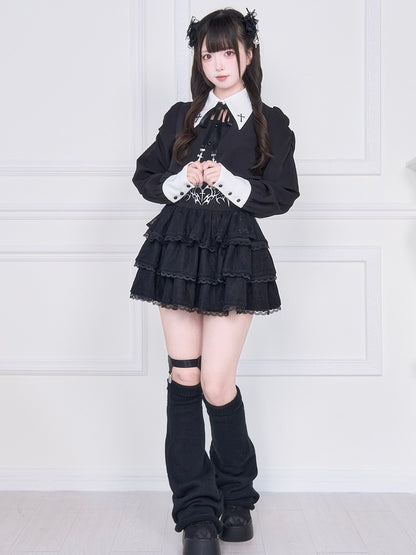 Lacing Jirai Embroidered with Blouse - White Kei Sleeve Long Back Cross Black