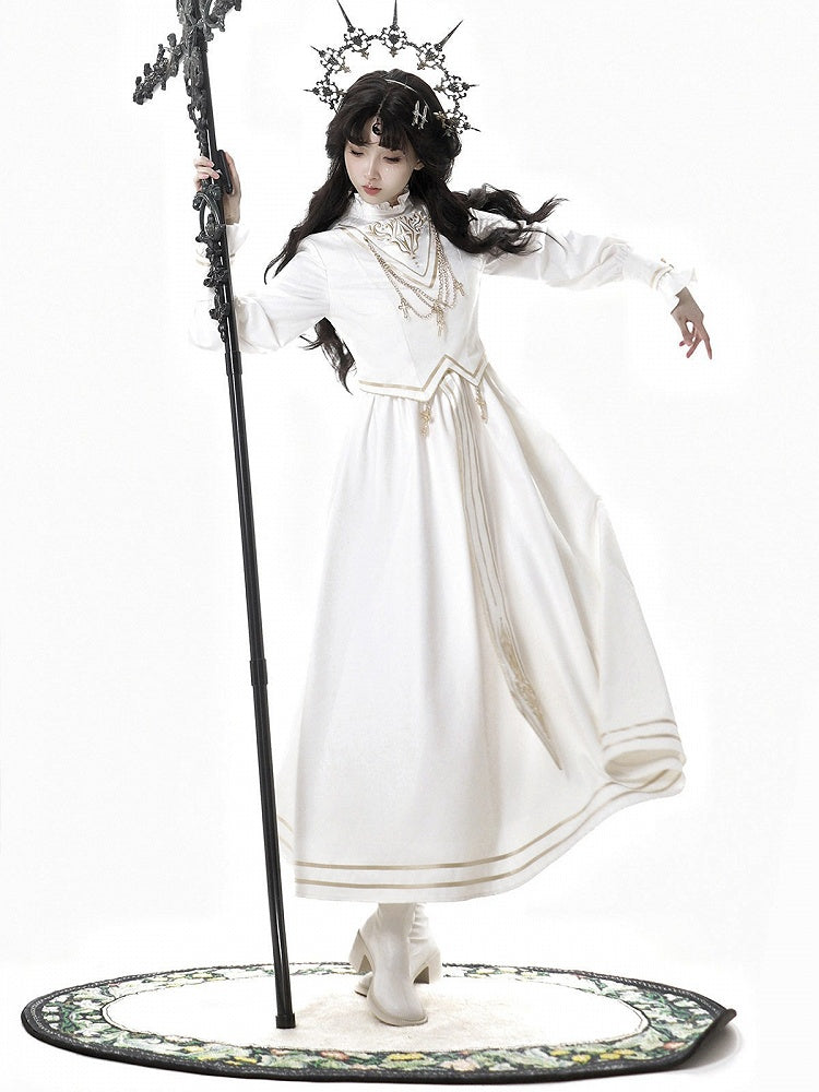 Gold White Stand Collar Long Sleeve Lolita Dress Cross Chain - Xiong Dou Jiang