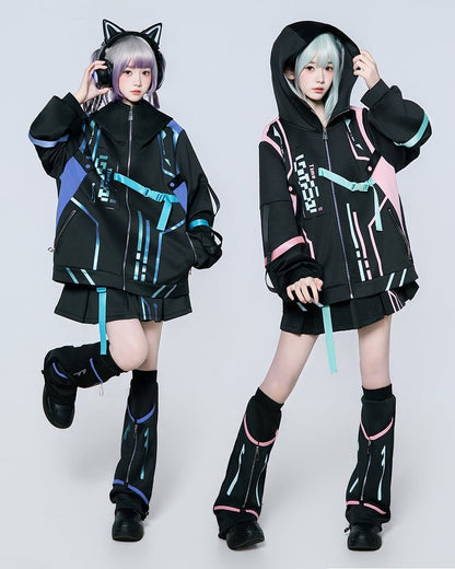 Matching Anime Hooded Purple Cyberpunk Blue Gradient Set: Jacket