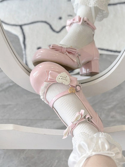 Snap Bow with Decor Lolita Shoes Sweet Pink Mid-heel Heart PU Round-Toe