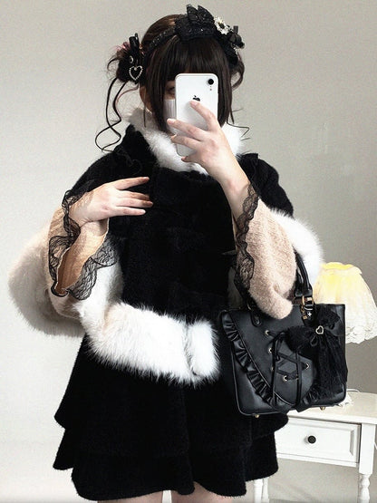 Hooded Colors Faux Jirai Fur with Bow Kitty Decor Detachable Kei Trim 3 Ear Cape