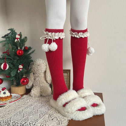 Slouchy Black Pom-Pom Cream / Stockings Lace with Accents Red