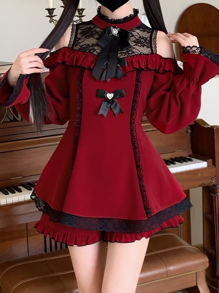 ヘムジライケイ ブラックセット ショートパンツ ミニネックライン カットアウトショルダー イリュージョンスカート ドレス レッド フリル