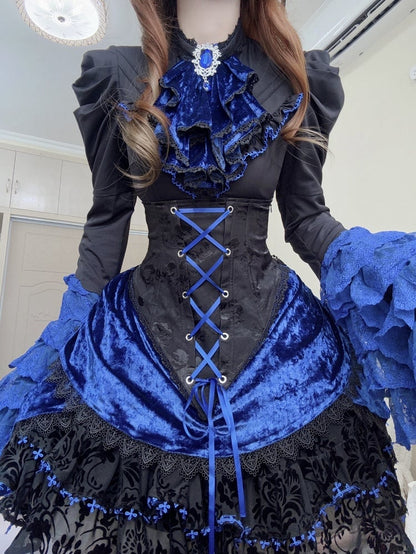 Boned Lolita Waist Tie Shirt Skirt Set Hat Black Gothic Jabot Long Sleeves High + - and Mini Blue Bell Klein Full