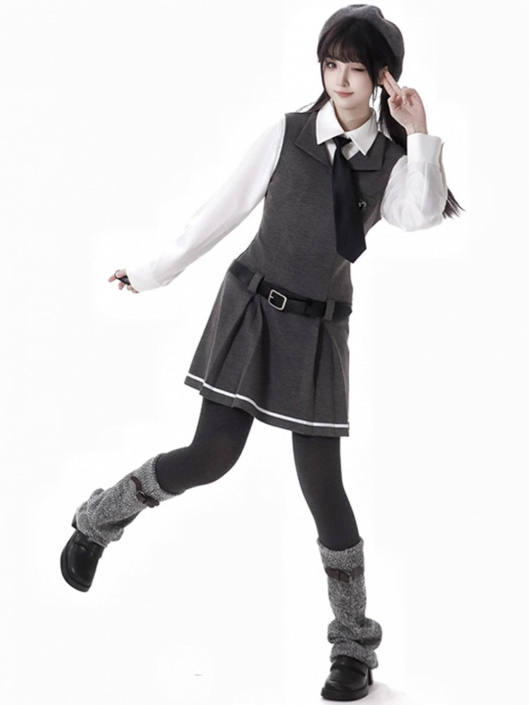 Dark Grey Preppy Sleeveless Above Knee Knitted Dress With A Buckle Belt