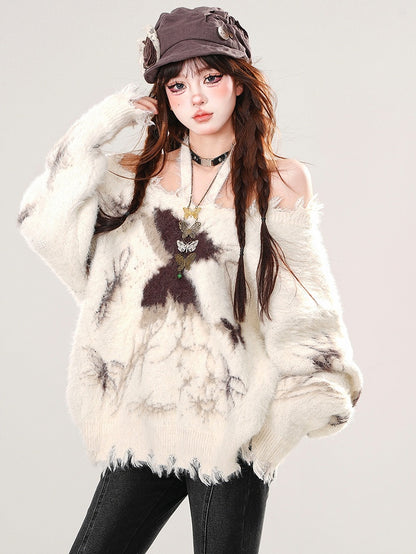 アプリコット/ブラック バタフライ ホルターネック モヘア ルーズセーター