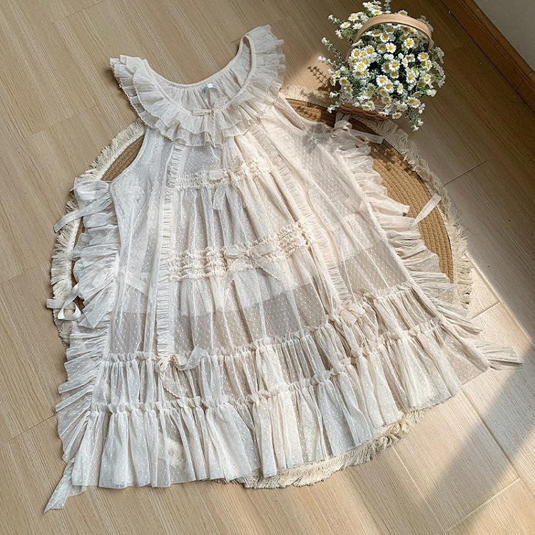 Dots Overdress Pink Bow Ruffle Trim Style House Beige Details and Tulle