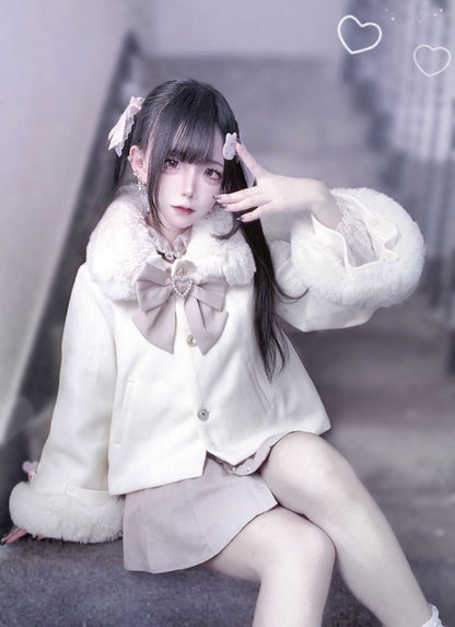 Buttons Rhinestone in Jirai Short with Coat Kei Accents Beige/Black Convertible Plush Fleece-Lined Detachable Heart