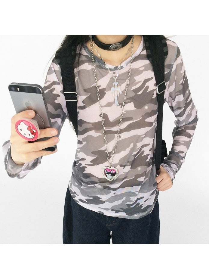 Light Pink Sheer Camouflage Round Neck Long Sleeve T-Shirt - innomoood