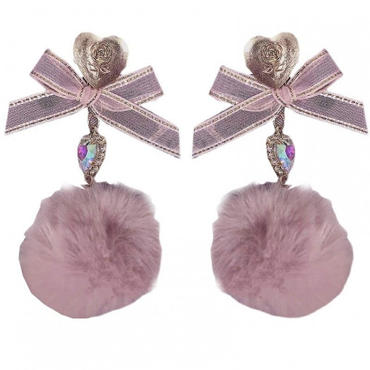 Decorated Rhinestone Pompom Bow with Heart Pink Earrings