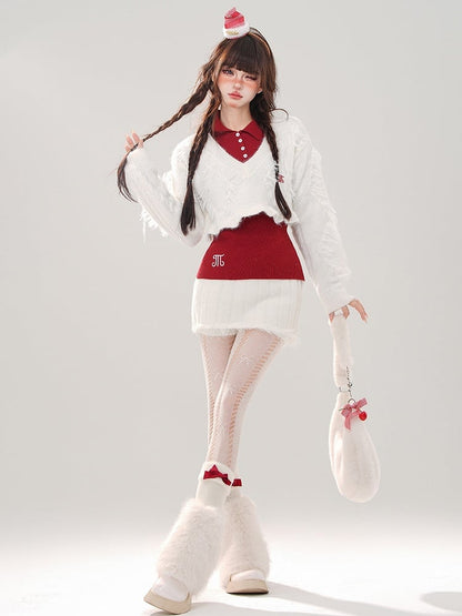 Vネックミニトップスクロップド丈+スカート+ホワイトニットホワイトセットセーターレッド