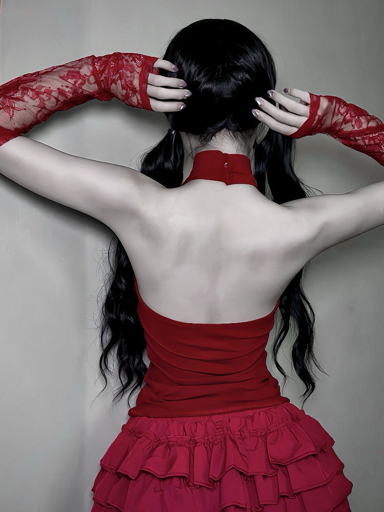 Embroidery Halter Cross with Red Cut-Out Vest Gothic Coffin