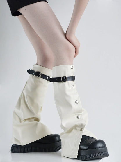 White with Metal Warmers Punk Leather and Leg Creamy Buckles Buttons