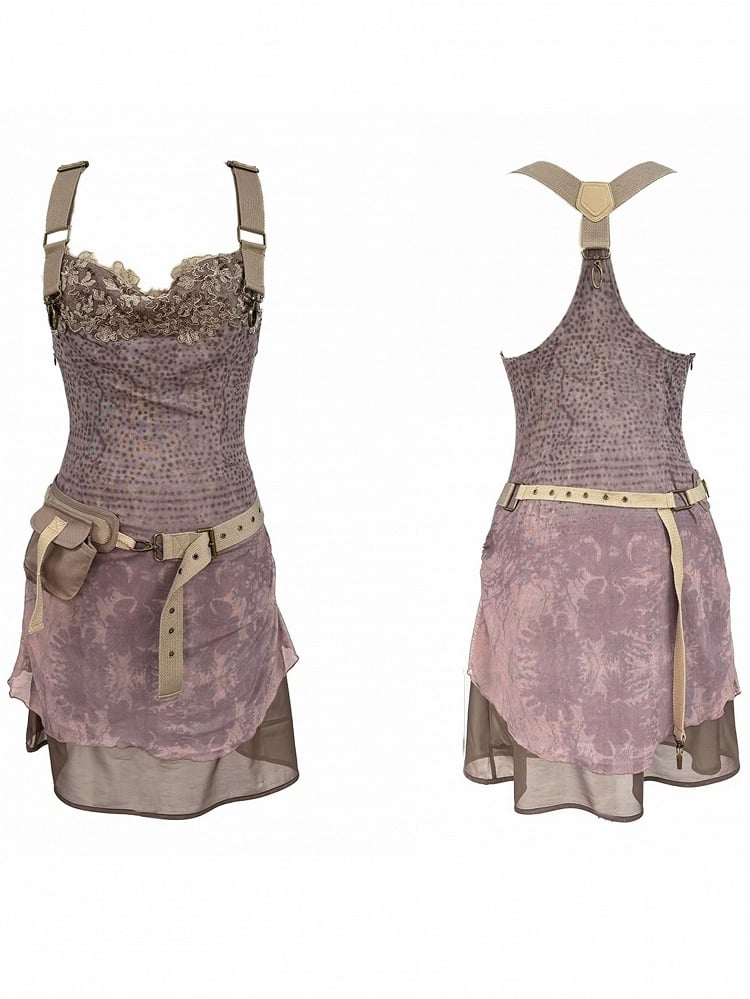 with Back Neck Adjustable Gray PU Belt Layered Dress Cowl Pink Merge-Strap