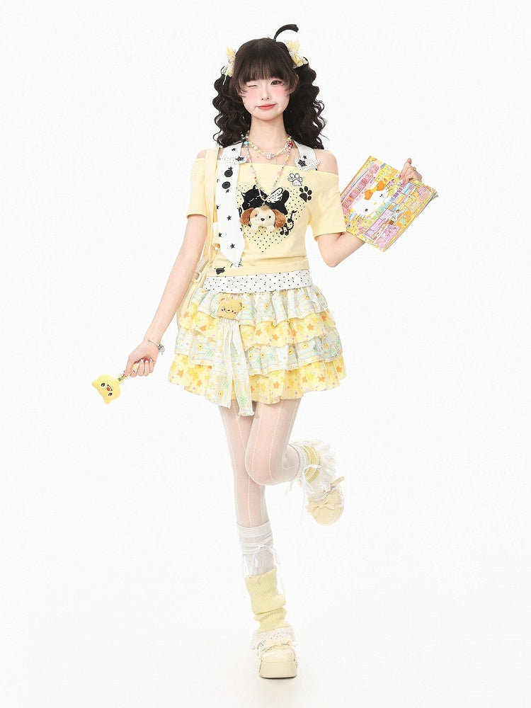 Halter Top with Kitten Embroidery & Polka Dots, Yellow, Short Sleeve - Languid Park