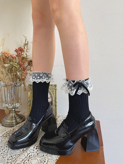 Mesh Embroidered White/Black Trim Lolita Bow Sockswith Calf Decoration