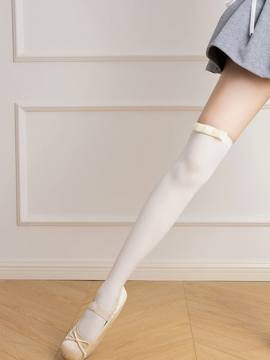Decorated Over Bow JK White/Gray/Pink 48CM Stockings Creamy Knee