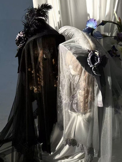 Accent Flower Lolita Hairclip Black/Gray/Brown and Bow Feather with