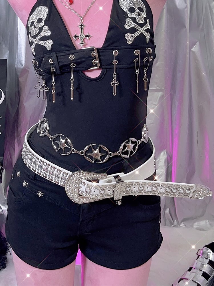 Punk Details Studs Waist Belt Decorated Rhinestone Black/White
