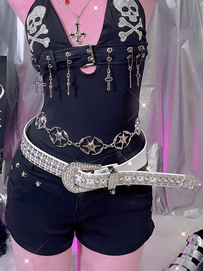 Punk Details Studs Waist Belt Decorated Rhinestone Black/White