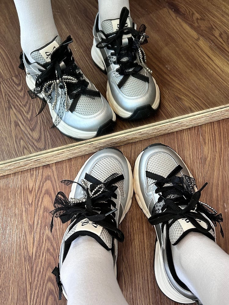 Beaded Front Ties Black Bowknot Lace-up Decorated Details Sneakers