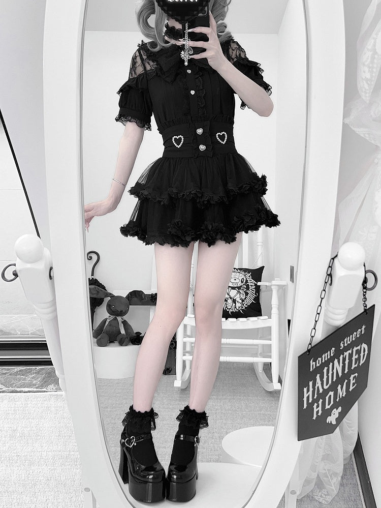 Black Tiered Back / Skirt Jirai Ties Kei Mesh and Beaded White Sweetheart with