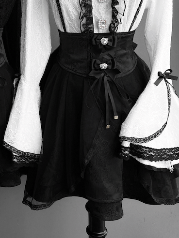 Kei Back with Skirt Black Bow Tie Overlay Detail Jacquard High-Waist Jirai