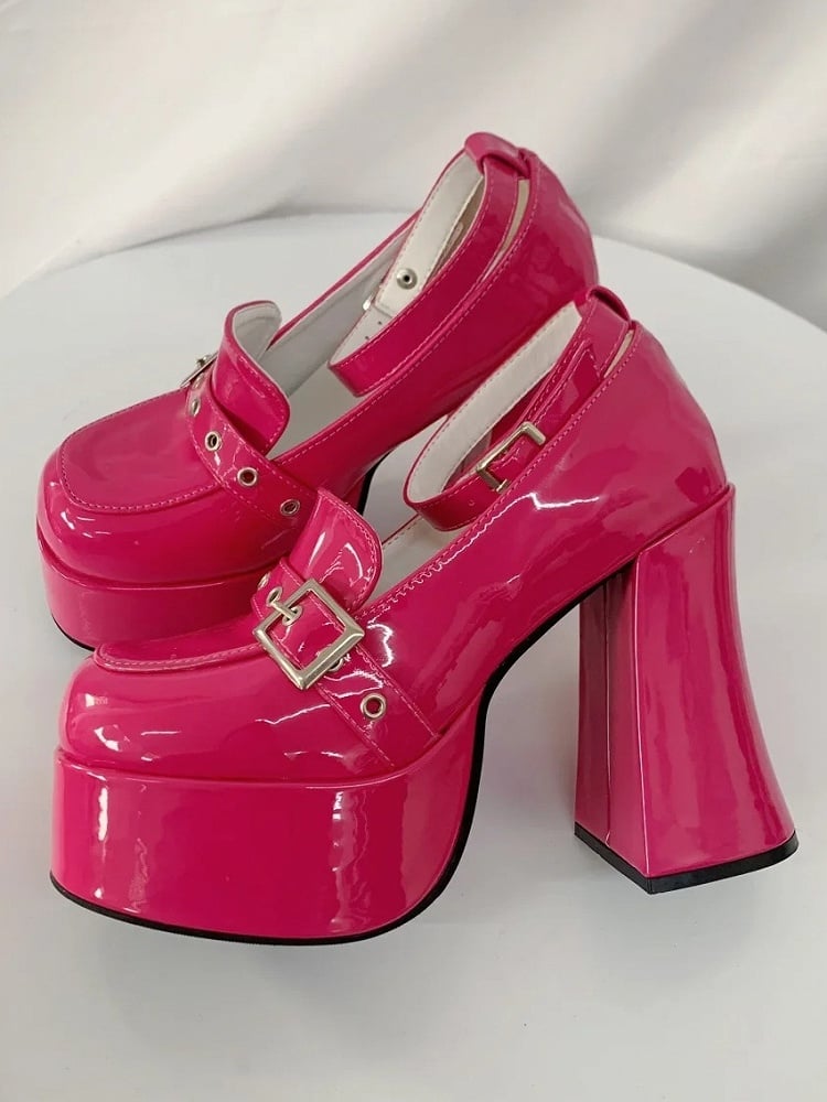 Rose Pink Punk High Block Heels in PU with Buckle Details & Detachable Ankle Strap