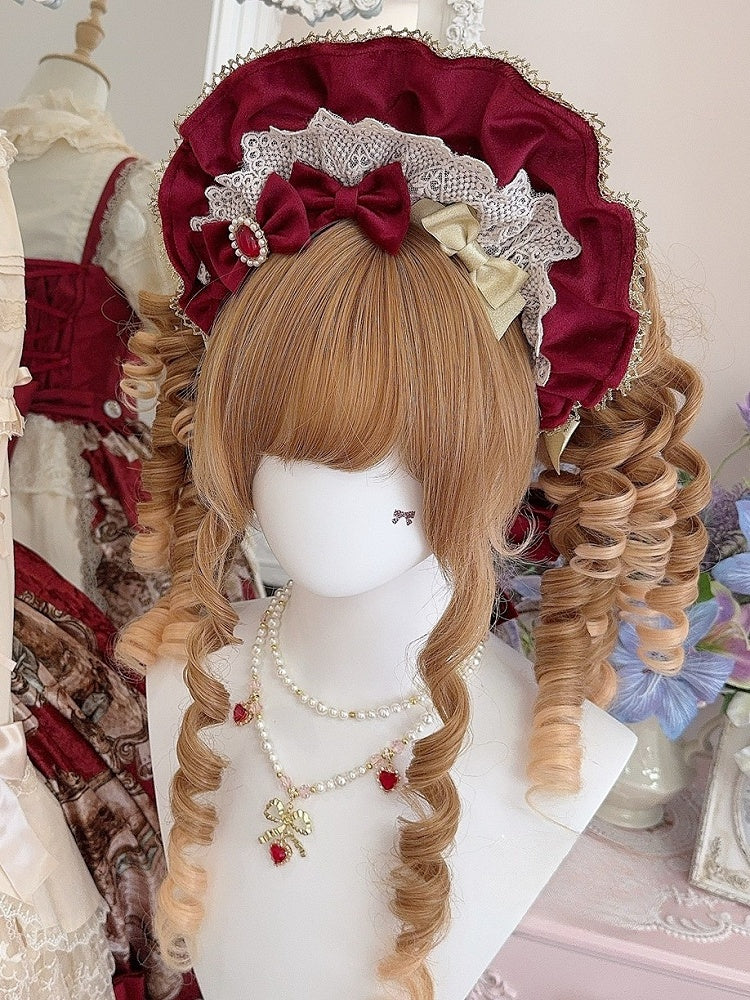 ワインベルベットレッド/ブラック+マットボンネット4つの蝶結びブローチトリムレース