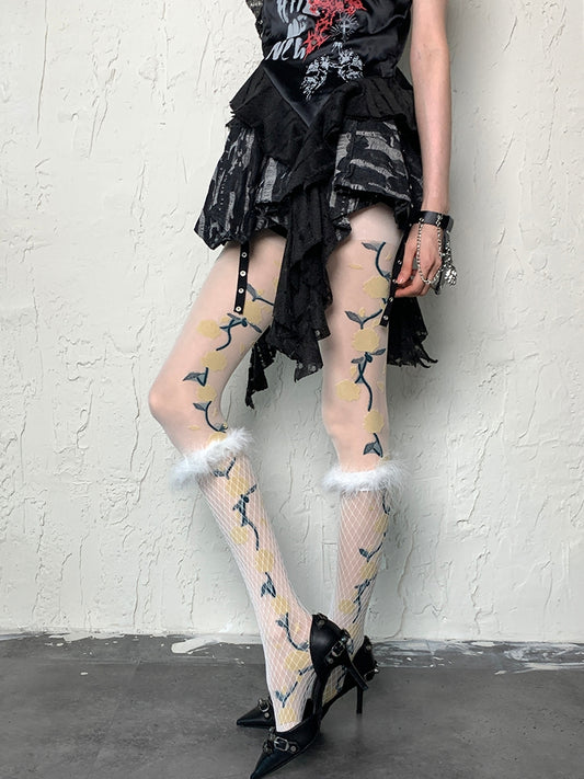 Y2K Floral White Pattern Tights